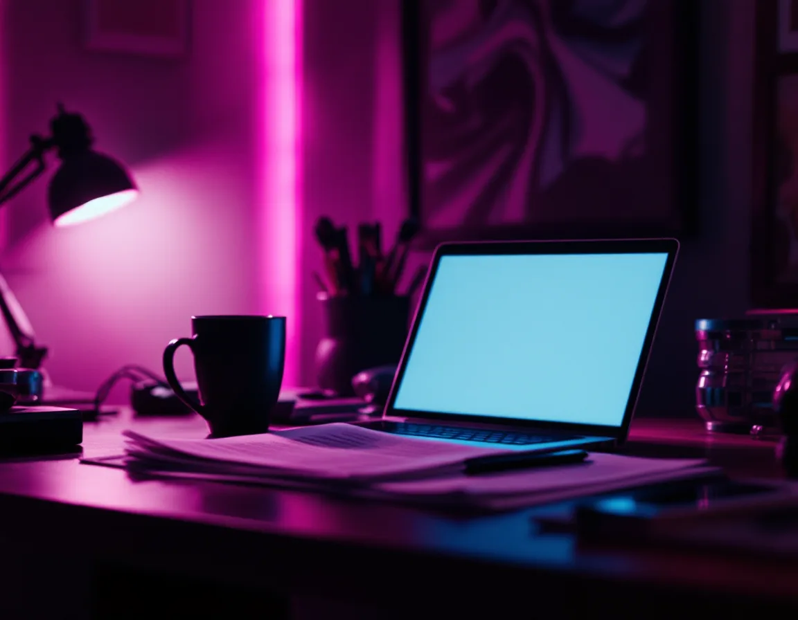 A writer's desk at night with drafts lit in blush and aubergine tones