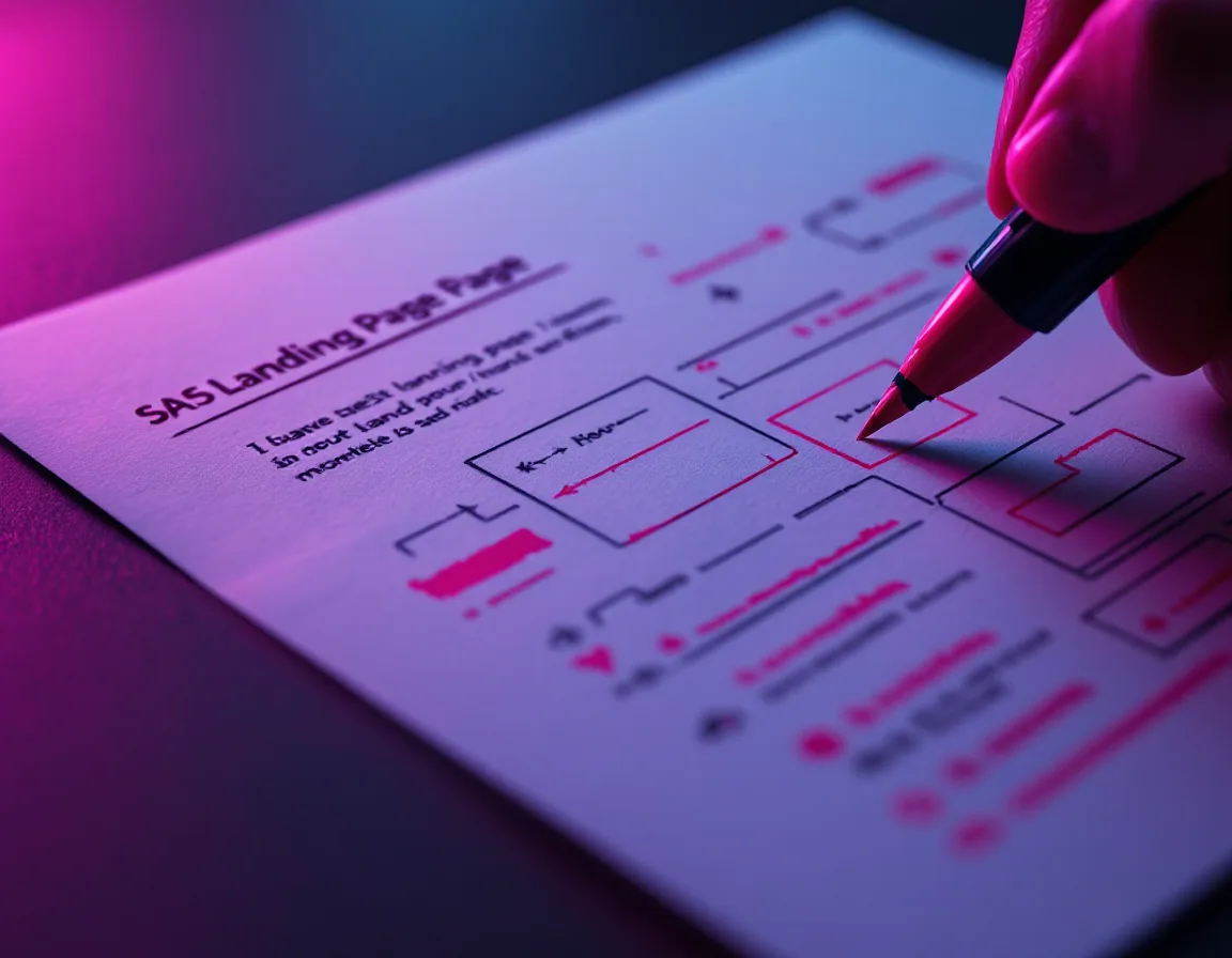 A landing-page wireframe sketched on paper with highlighter marks