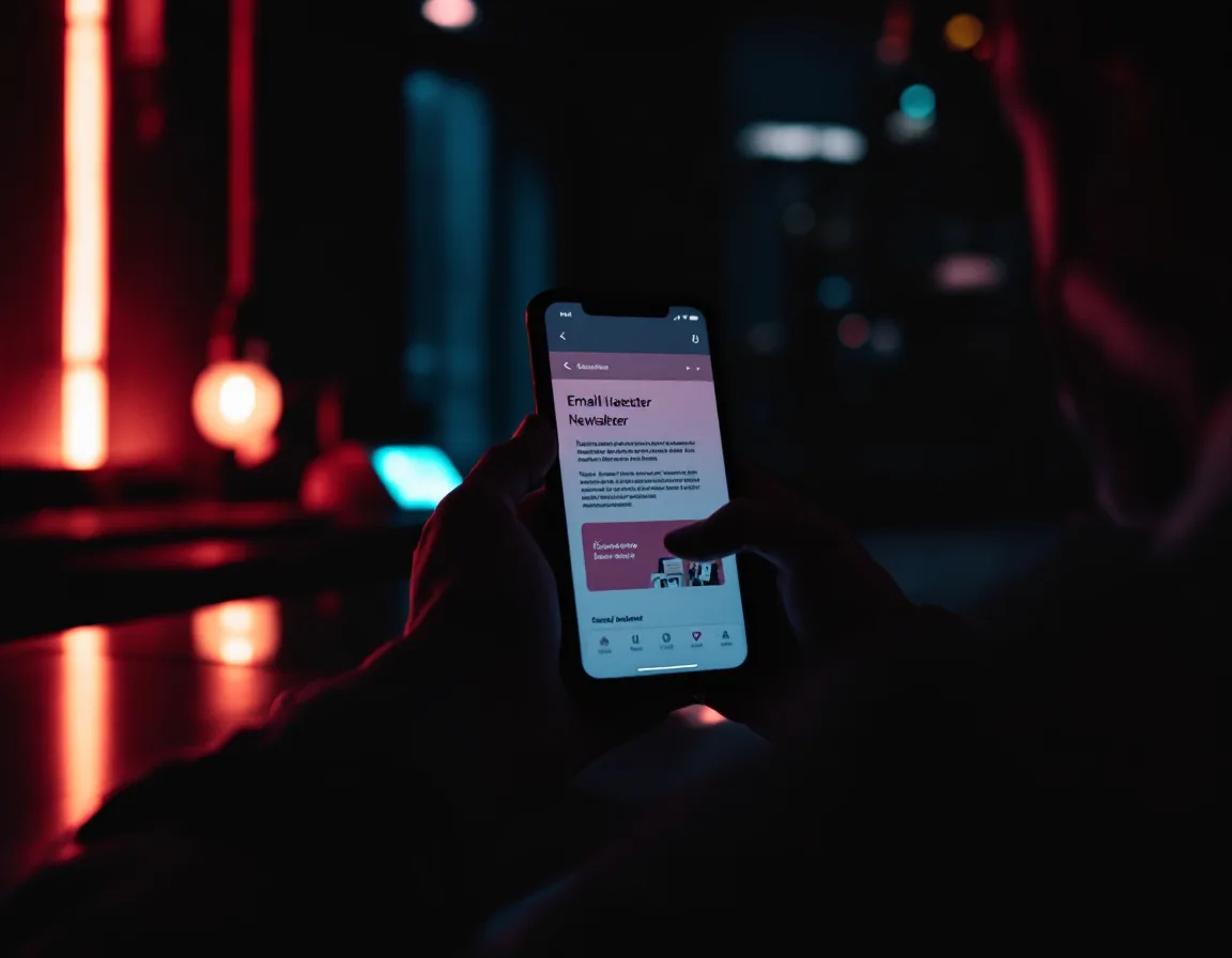 A newsletter open on a phone in a dim room