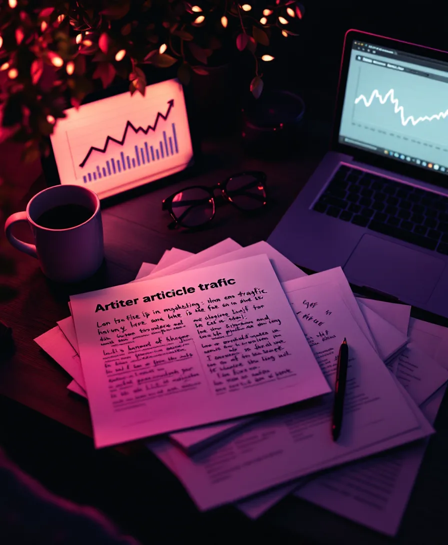 Printed article drafts with pink edits beside a laptop showing a rising traffic graph